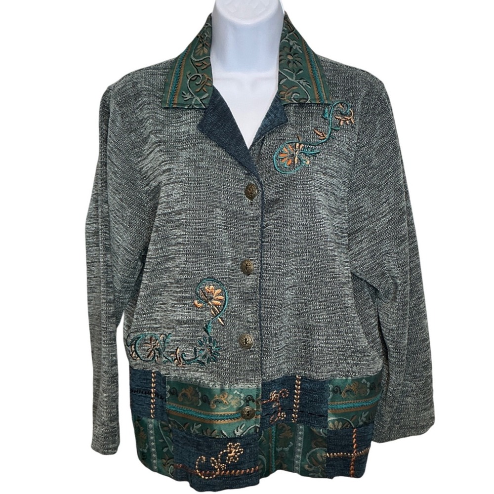 Fiber Arts Womens Embroidered Patchwork Jacket Est Sz L Boho Eclectic Unique